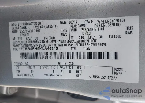 2019 Ford Ranger Lariat из США, поврежденный, VIN 1FTER4FH5KLA46845